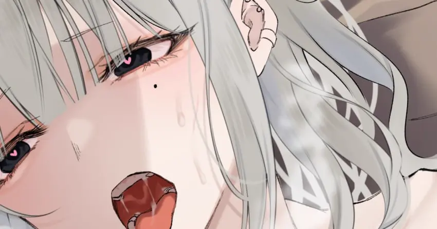 Image blush,long_hair,open_mouth,solo,white_hair,1boy,cum,heart-shaped_pupils,male,nude,symbol-shaped_pupils,tongue,piercing,completely_nude,facial,original,mole,saliva,mole_under_eye,black_eyes,ear_piercing,heart,male_focus,cropped,otoko_no_ko,looking_to_the_side,shisei_(kyuushoku_banchou)