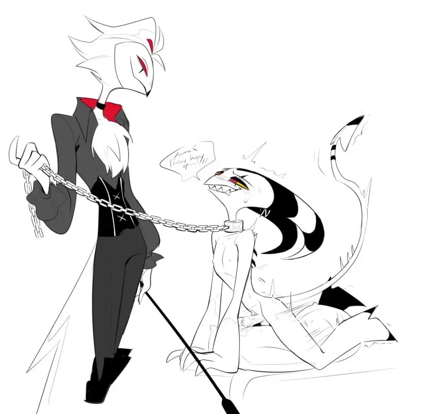 Image cum,male,bedroom_eyes,2boys,yaoi,gay,english_text,pillow,teasing,leash,non-human,fully_clothed,helluva_boss,non-human_only,paddle,vivienne_medrano,blitzo_(helluva_boss),stolas_(helluva_boss),pillow_humping,oboroboroo