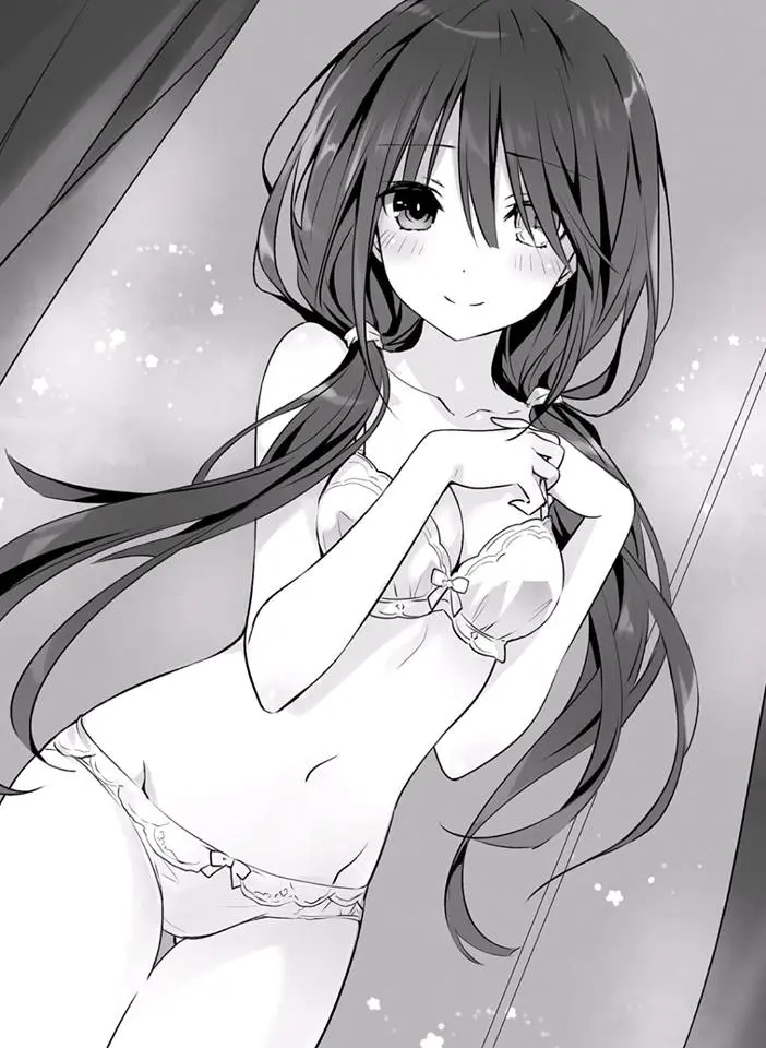 Image long_hair,black_hair,bra,panties,underwear,thighs,bare_belly,bare_shoulders,bare_thighs,belly_button,lingerie,white_bra,white_lingerie,white_underwear,black_and_white,white_panties,heterochromia,bare_legs,date_a_live,bare_arms,official_art,novel_illustration,tokisaki_kurumi,tsunako