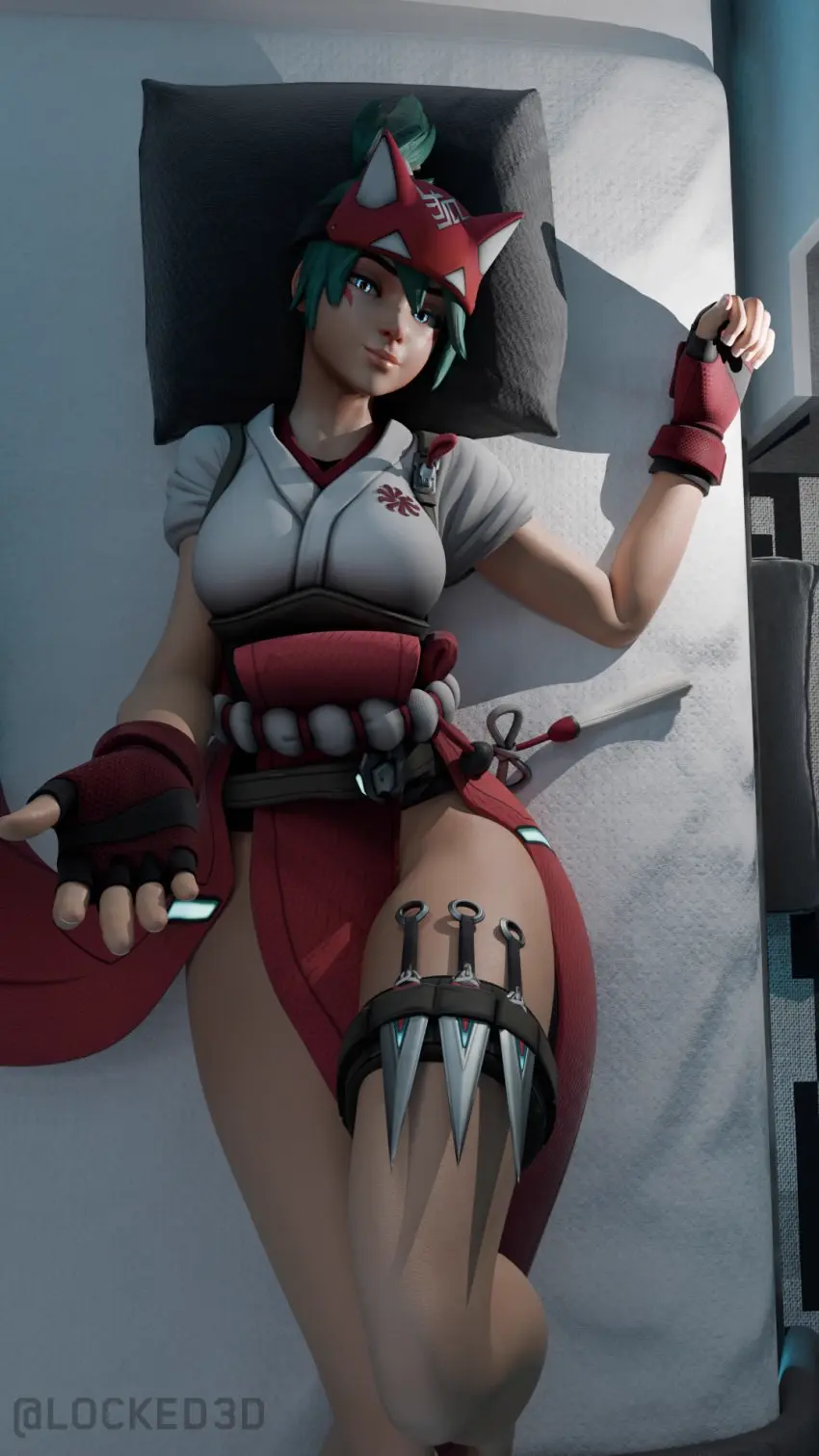Image female,legs,3d,green_hair,laying_down,kunai,kiriko_(overwatch),overwatch,overwatch_2