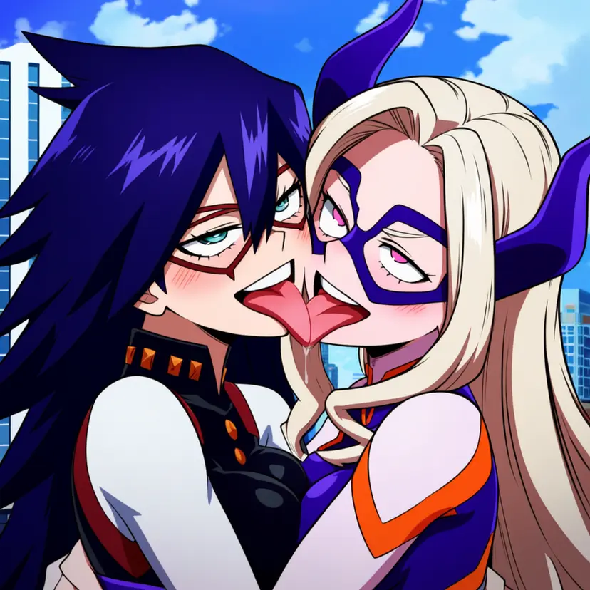 Image blush,female,female_only,2girls,pleasure_face,ai_generated,my_hero_academia,artist_request,yuri,french_kiss,blushing,tongue_kiss,midnight_(my_hero_academia),mount_lady,powerhouserift