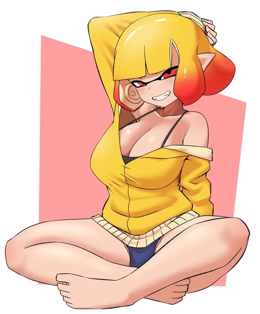 Image 1girls,breasts,female,large_breasts,light-skinned_female,light_skin,simple_background,smile,short_hair,thick_thighs,nintendo,alternate_breast_size,splatoon,splatoon_2,tentacle_hair,yellow_hair,naughty_face,inkling,agent_4_(splatoon),nobunagapero,splatoon_2:_octo_canyon