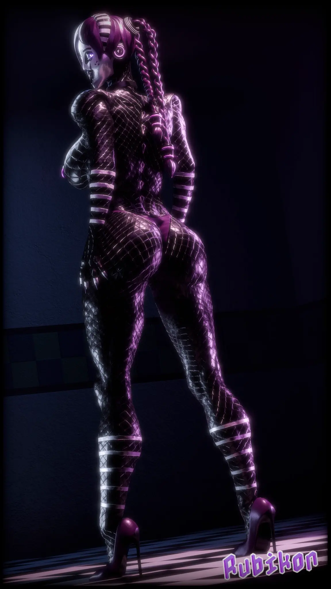 Image 1girls,breasts,female,solo,bottom_heavy,female_focus,thick_thighs,thighs,voluptuous,humanoid,athletic,dark_skin,wide_hips,hips,purple_skin,legs,thick,voluptuous_female,purple_eyes,busty,mature_female,dark-skinned_female,3d,hourglass_figure,black_skin,black_body,thick_legs,thick_lips,mature,purple_body,athletic_female,top_heavy,mask,stripes,five_nights_at_freddy's,five_nights_at_freddy's_2,bust,white_stripes,marionette_(fnaf),puppet_(fnaf),puppet_(rubikon),rubikon_(artist),ruby_(rubikon),white_mask