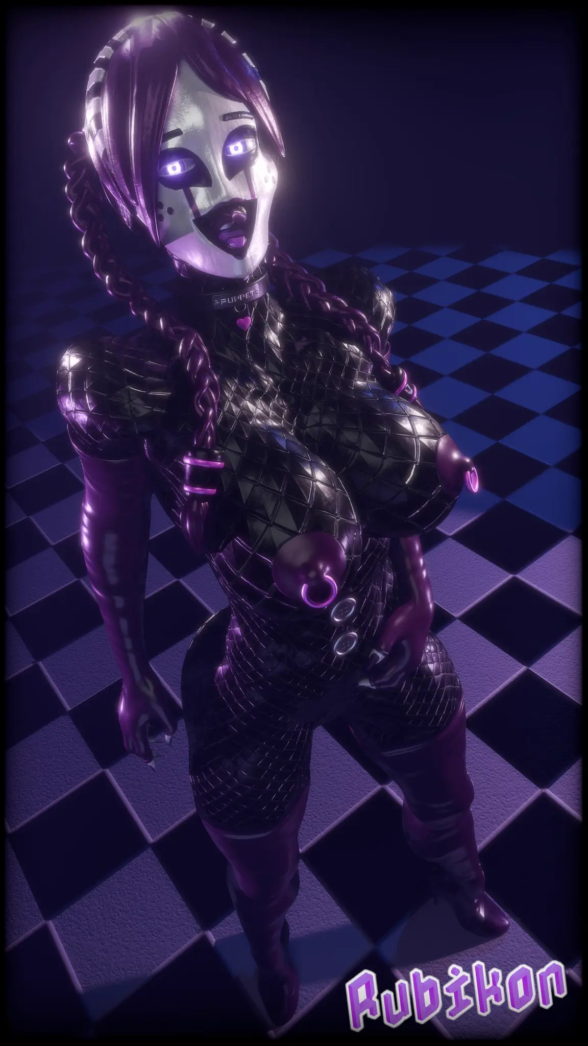 Image 1girls,breasts,female,solo,bottom_heavy,female_focus,thick_thighs,thighs,voluptuous,humanoid,athletic,dark_skin,wide_hips,hips,purple_skin,legs,thick,voluptuous_female,purple_eyes,busty,mature_female,dark-skinned_female,3d,hourglass_figure,black_skin,black_body,thick_legs,thick_lips,mature,purple_body,athletic_female,top_heavy,mask,stripes,five_nights_at_freddy's,five_nights_at_freddy's_2,bust,white_stripes,marionette_(fnaf),puppet_(fnaf),puppet_(rubikon),rubikon_(artist),ruby_(rubikon),white_mask