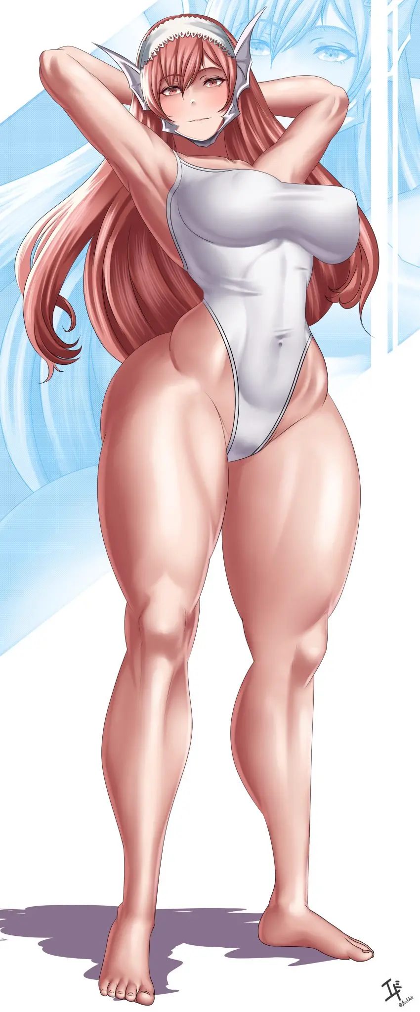 Image 1girls,breasts,female,female_only,large_breasts,long_hair,looking_at_viewer,red_eyes,smile,solo,very_long_hair,red_hair,barefoot,muscular,wide_hips,armpits,arms_behind_head,covered_nipples,legs,nintendo,fire_emblem,fire_emblem_awakening,leotard,full_body,muscular_female,bare_legs,bare_arms,arcedo,cherche_(fire_emblem)