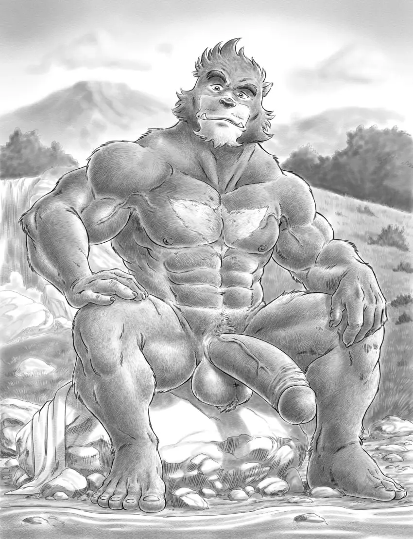 Image solo,male,nude,penis,erection,male_only,monochrome,biceps,pecs,abs,boner,triceps,furryrevolution,kumatetsu