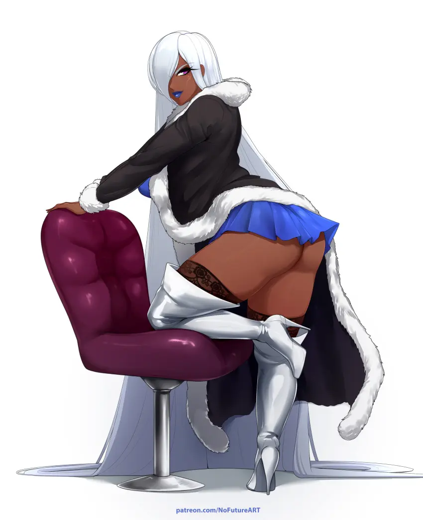 Image 1girls,female,female_only,hi_res,long_hair,looking_at_viewer,simple_background,solo,very_long_hair,white_background,white_hair,ass,looking_back,thick_thighs,dark_skin,smiling,smiling_at_viewer,pink_eyes,dress,original,original_character,stockings,dark-skinned_female,miniskirt,skirt,looking_back_at_viewer,chair,high_heel_boots,short_skirt,blue_lipstick,gyaru,nofuture