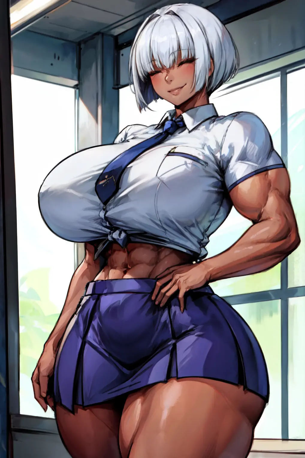 Image 1girls,big_breasts,breasts,female,female_only,smile,solo,white_hair,bangs,navel,thick_thighs,thighs,dark_skin,muscular,ai_generated,midriff,solo_female,huge_breasts,stable_diffusion,school_uniform,closed_eyes,indoors,hand_on_hip,inside,biceps,pleated_skirt,abs,smirk,muscular_female,tie,toned,toned_female,muscular_thighs,front-tie_top,tampopo,busty_buff,kat_(tampopo)