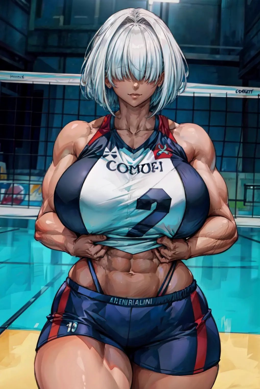 Image 1girls,female,female_only,smile,solo,white_hair,bangs,navel,thick_thighs,dark_skin,muscular,ai_generated,midriff,solo_female,stable_diffusion,indoors,bimbo,inside,abs,muscular_female,toned,toned_female,hair_over_eyes,bimbo_body,showing_off,lifting_shirt,tampopo,whale_tail,bangs_over_eyes,busty_buff,kat_(tampopo),volleyball_uniform,showing_off_muscles,thong_above_shorts,volleyball_net