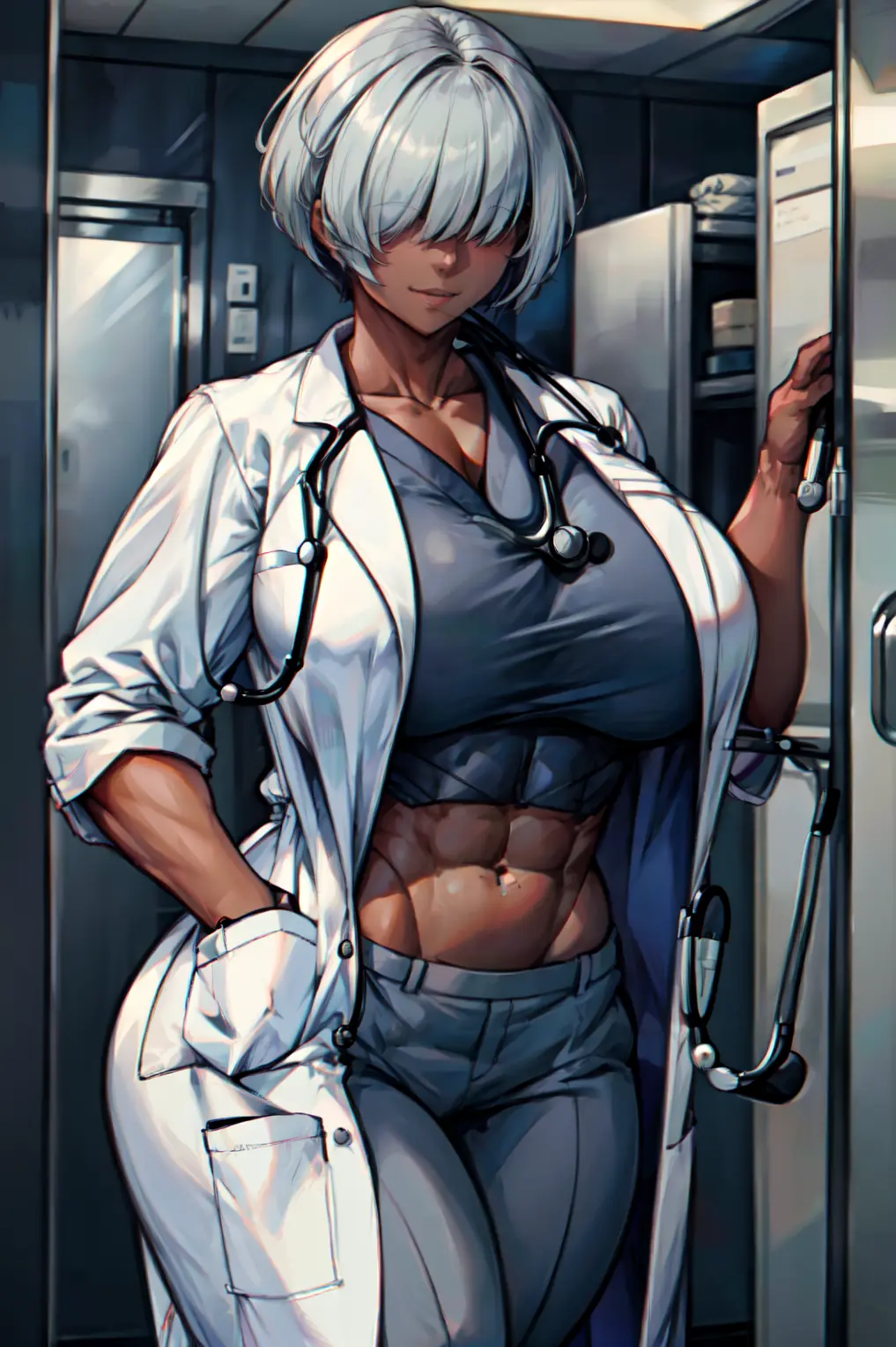 Image 1girls,big_breasts,breasts,female,female_only,pants,solo,white_hair,bangs,navel,short_hair,dark_skin,muscular,ai_generated,midriff,solo_female,huge_breasts,stable_diffusion,bimbo,eyes_covered,abs,muscular_female,silver_hair,toned,toned_female,crop_top,no_eyes,costume,lab_coat,covered_eyes,bimbo_body,nurse,doctor,tampopo,bangs_over_eyes,busty_buff,kat_(tampopo),hand_in_pocket,scrubs