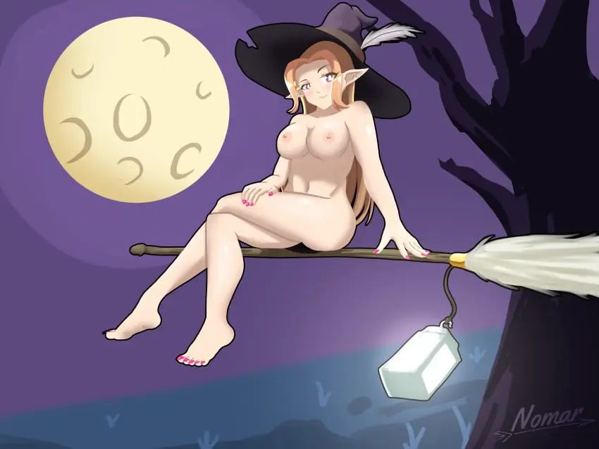 Image 1girls,2023,big_breasts,blush,breasts,female,hi_res,shiny_skin,smile,solo,nude,orange_hair,pink_eyes,original,original_character,hand_on_hip,outdoors,moon,elf_ears,elf_female,witch_hat,painted_nails,night_sky,legs_crossed,lantern,eye_visible_through_hair,alternate_version_at_source,alfreya_(nomar),broom_riding,eyebrow_raise,nomar