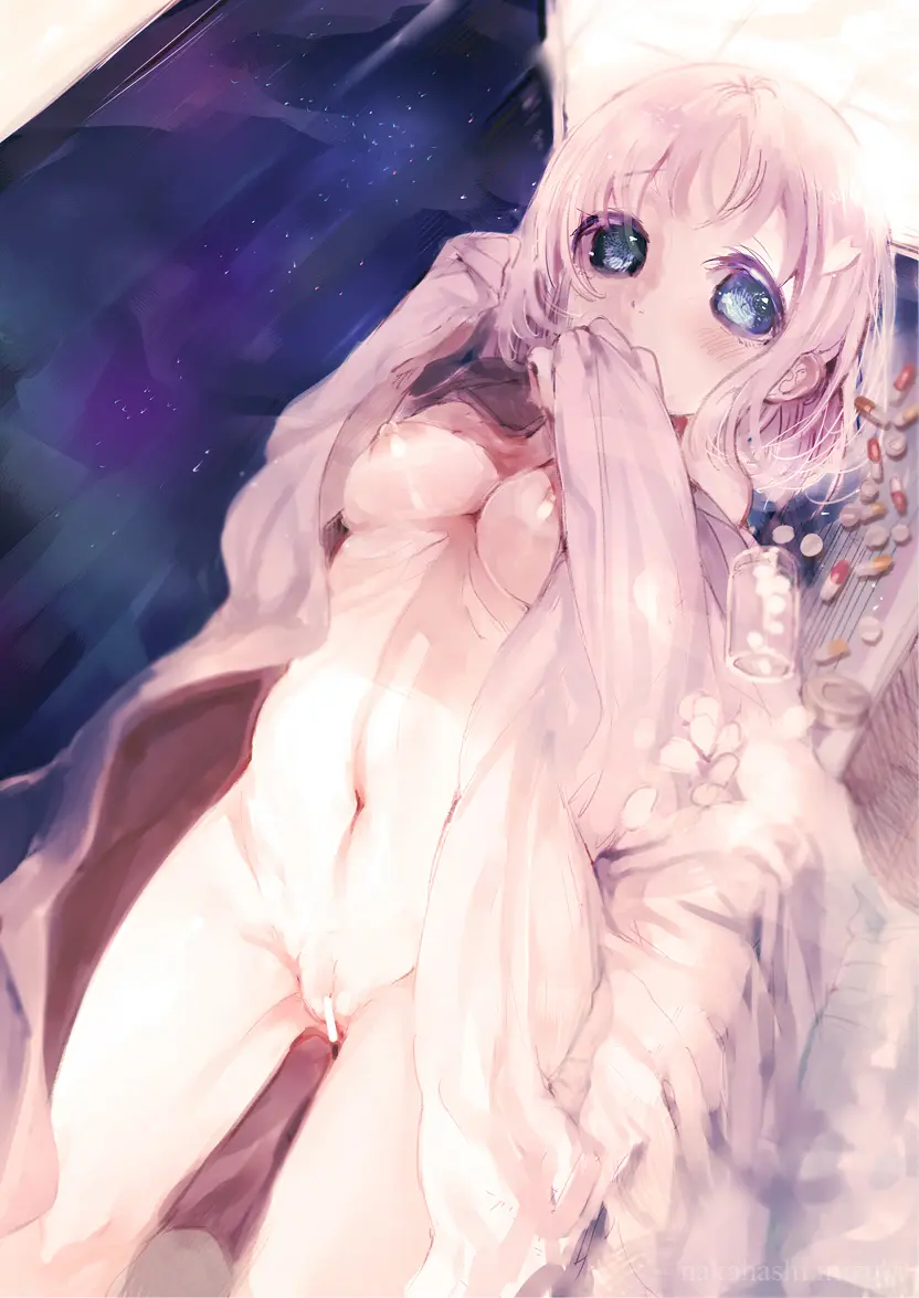 Image breasts,female,looking_at_viewer,nipples,solo,white_hair,blue_eyes,navel,pussy,short_hair,bed_sheet,lying,on_back,medium_breasts,censored,bar_censor,commentary_request,covering_own_mouth,drugs,bench,amamiya_mizuki,naked_sheet,pill,shiraki_aeka,yume_miru_kusuri