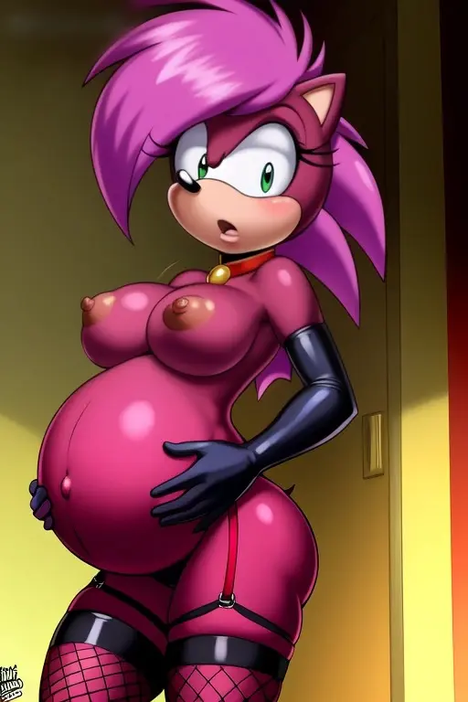 Image 1girls,breasts,female,solo,ass,hips,ai_generated,big_belly,pregnant,pink_hair,anthro,green_eyes,sonic_(series),sonic_the_hedgehog_(series),rodent,confused,hedgehog,mobian_(species),oiled,fishnet_stockings,sonia_the_hedgehog,sonic_underground,magenta_fur