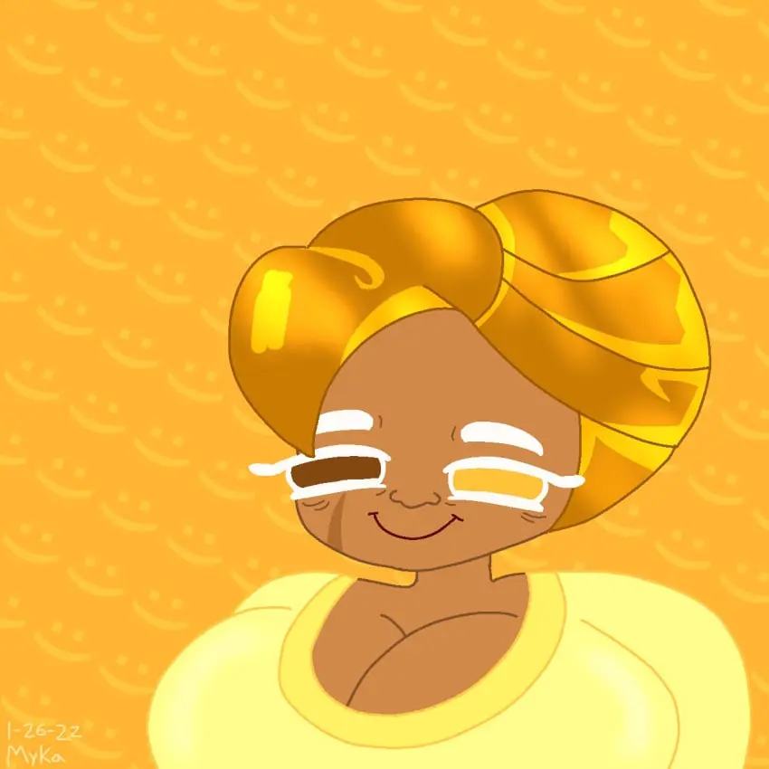 Image smile,milf,tan_skin,cleavage,grin,happy,tan_body,heterochromia,scar,wrinkles,brown_body,brown_skin,cookie_run,nsfwmyka,croissant_cookie,haircut