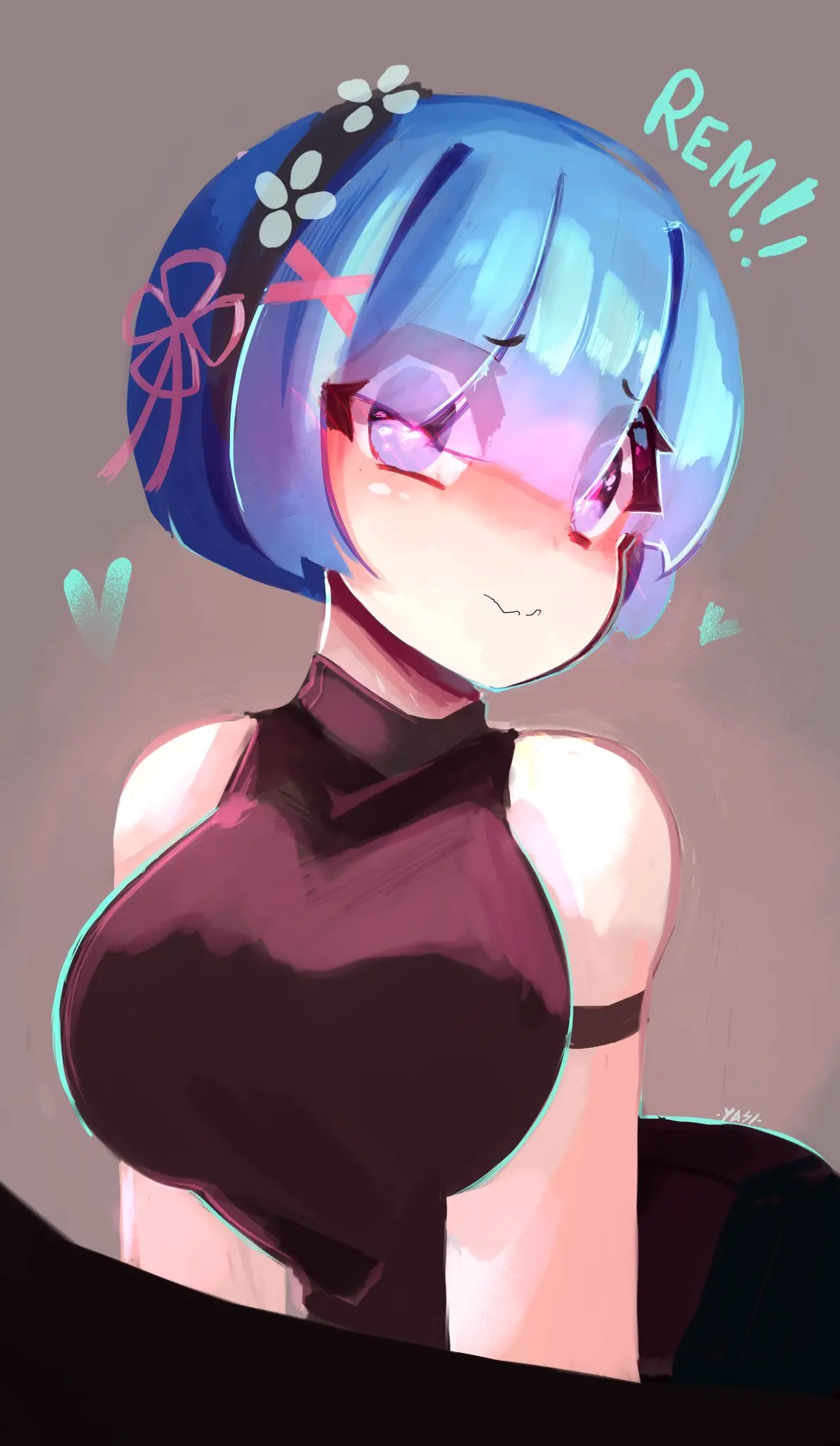Image 1girls,female,female_only,hair_ornament,bangs,blue_eyes,blue_hair,short_hair,hair_over_one_eye,re:zero_kara_hajimeru_isekai_seikatsu,rem_(re:zero),x_hair_ornament,yasidip