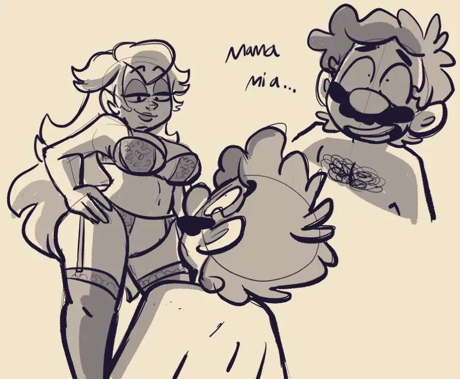 Image 1girls,female,long_hair,1boy,male,straight,lingerie,tagme,canon_couple,shocked,mario_(series),nintendo,princess_peach,smirk,shocked_expression,love,smiling_at_partner,shirtless,smirking_at_partner,mario,shirtless_male,ilikeluigibooty,male_and_female_focus