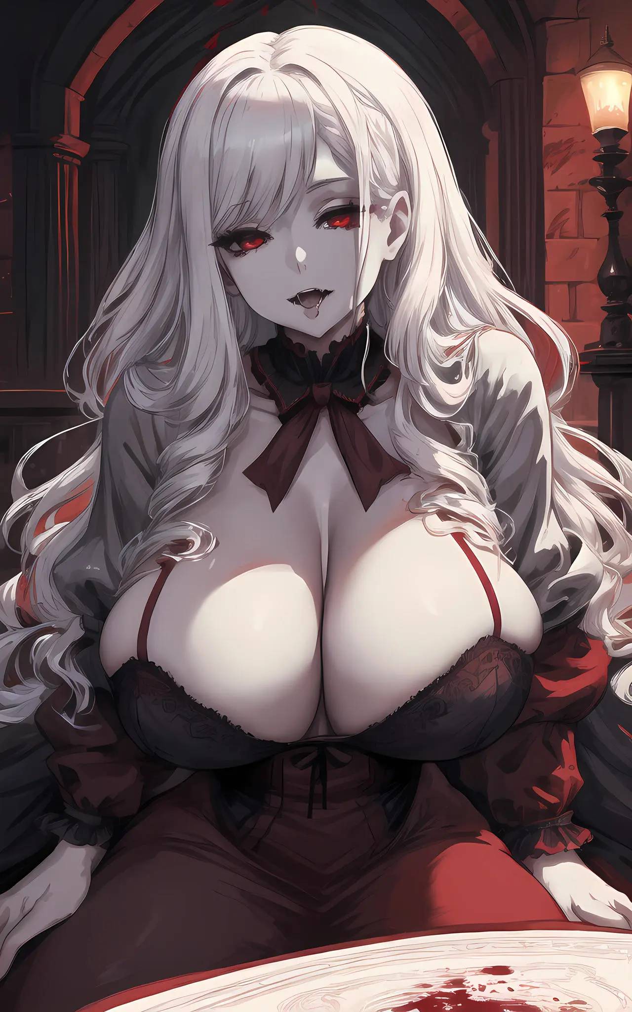 Image breasts,female,female_only,long_hair,open_mouth,red_eyes,solo,white_hair,ai_generated,cleavage,huge_breasts,dress,pale-skinned_female,pale_skin,vampire,vampire_girl,lamp