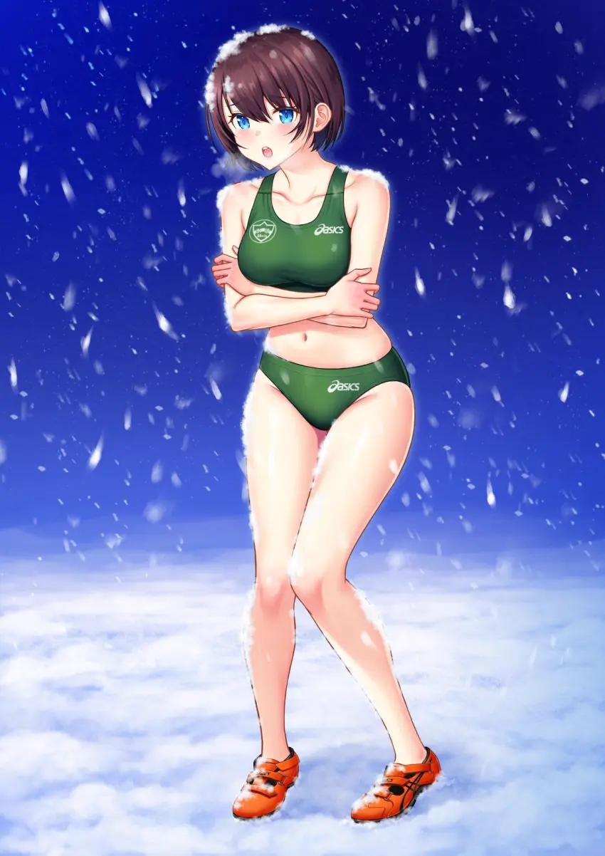 Image female,female_only,blue_eyes,short_hair,sports_bra,sportswear,original,brown_hair,outdoors,revealing_clothes,exposed,steamy_breath,barely_clothed,snow,sneakers,sports_bikini,sports_uniform,gym_shorts,hotpants,shivering,cold,running_shoes,asics,barely_covered,hugging_self,kuri_(kurigohan),scantily_clad,track_and_field