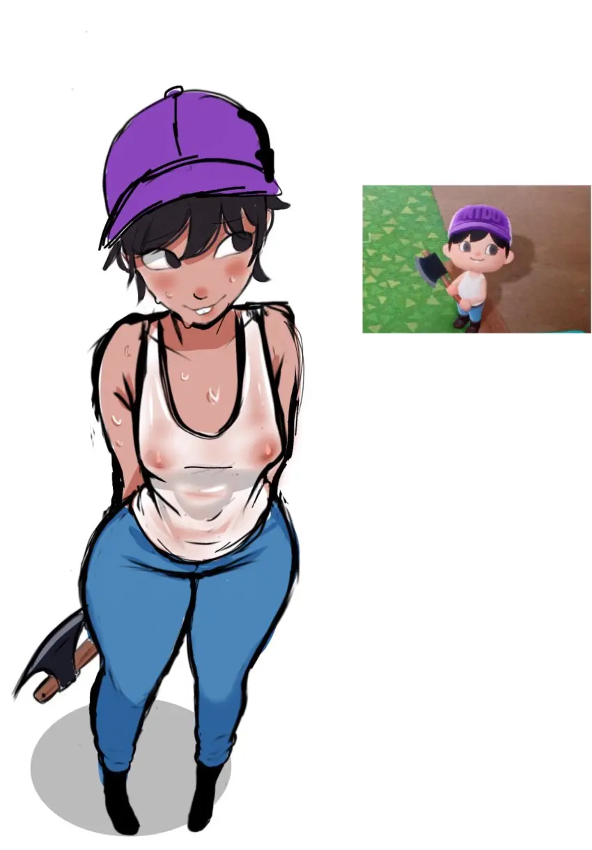 Image teeth_showing,self_upload,animal_crossing,sweaty_body,nipples_visible_through_clothing,sweaty_breasts,silly,perspective,animal_crossing_girl,binca