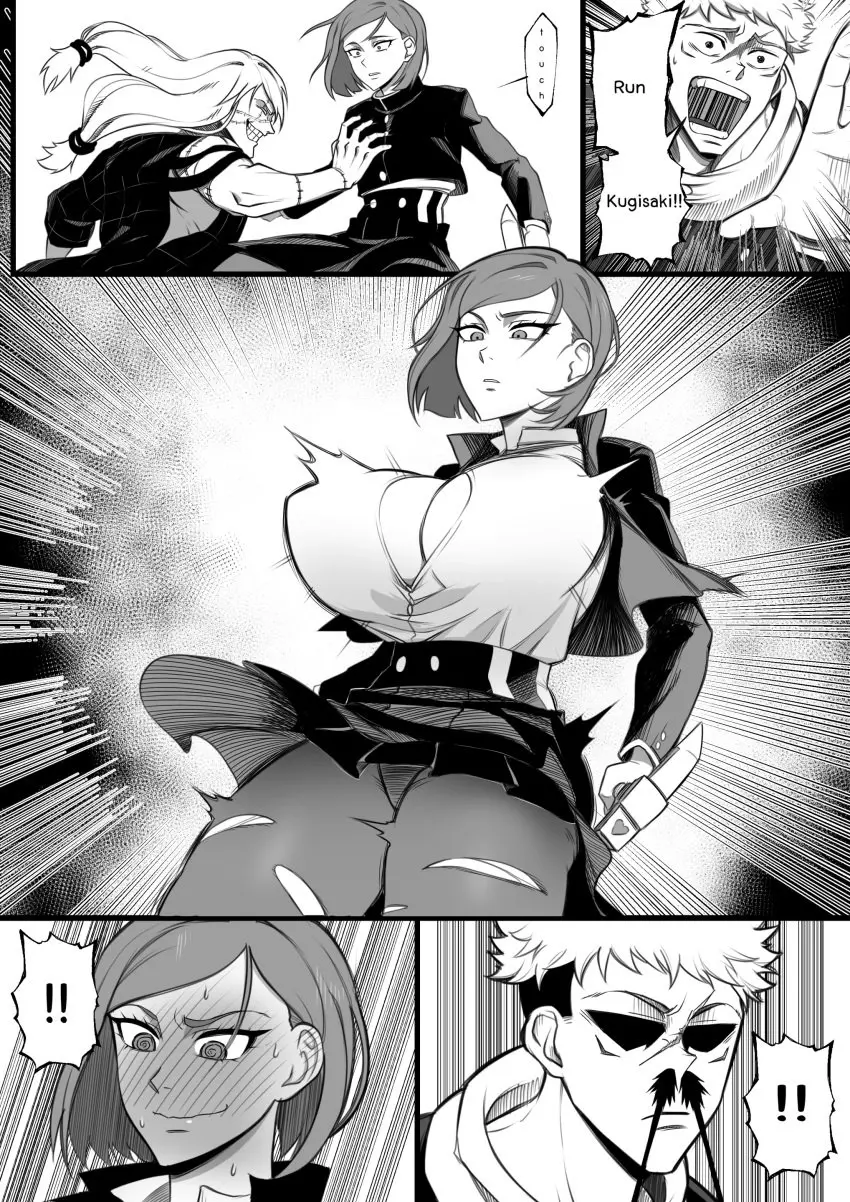 Image 1girls,blush,breasts,female,large_breasts,male,embarrassed,2boys,text,comic,monochrome,nosebleed,transformation,breast_expansion,jujutsu_kaisen,kugisaki_nobara,humor,alternate_universe,itadori_yuuji,mahito_(jujutsu_kaisen),nesz
