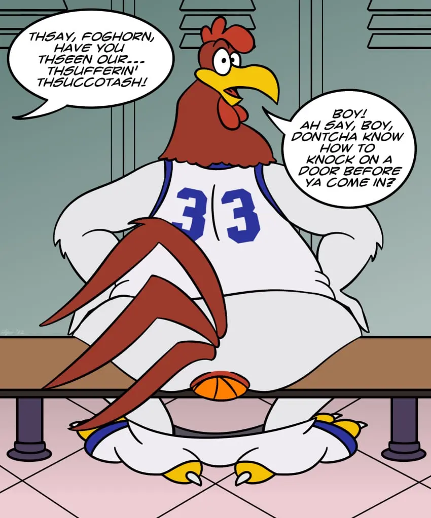 Image clothed,clothing,hi_res,looking_at_viewer,1boy,male,tail,ass,big_butt,looking_back,duo,anal,sportswear,solo_focus,feathers,anthro,text,what,anus,dialogue,rear_view,shorts,english_text,partially_clothed,anthro_only,avian,beak,bird,no_humans,speech_bubble,ball,uniform,looking_back_at_viewer,caught,bottomwear,bottomwear_down,shorts_down,locker,locker_room,object_in_ass,tail_feathers,looney_tunes,warner_brothers,chicken,galliform,gallus_(genus),phasianid,offscreen_character,basketball_(ball),locker_bench,space_jam,ball_in_ass,basketball_uniform,foghorn_leghorn,queeroftherooster,sylvester