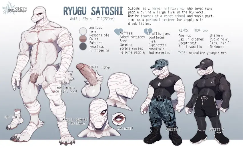 Image clothed,clothing,hi_res,nipples,solo,male,penis,big_penis,hat,humanoid_penis,headwear,muscular,muscular_male,areola,headgear,balls,anthro,veiny_penis,text,flaccid,canid,canine,canis,fur,genitals,mammal,wolf,claws,muscular_anthro,foreskin,uncircumcised,english_text,biped,white_body,scar,fingers,humanoid_genitalia,vein,glans,bandage,white_fur,digitigrade,model_sheet,plna,ryugu_satoshi