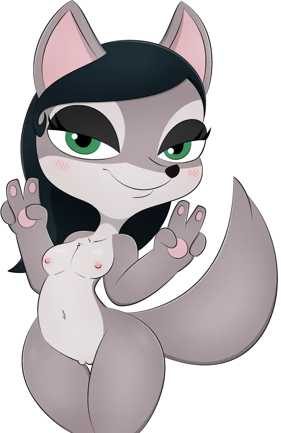 Image female,hi_res,nipples,solo,black_hair,nude,pussy,pink_nipples,hair,green_eyes,canid,canine,fur,genitals,grey_body,grey_fur,mammal,fox,barbara_hannah,pinky_and_perky,zinzoa