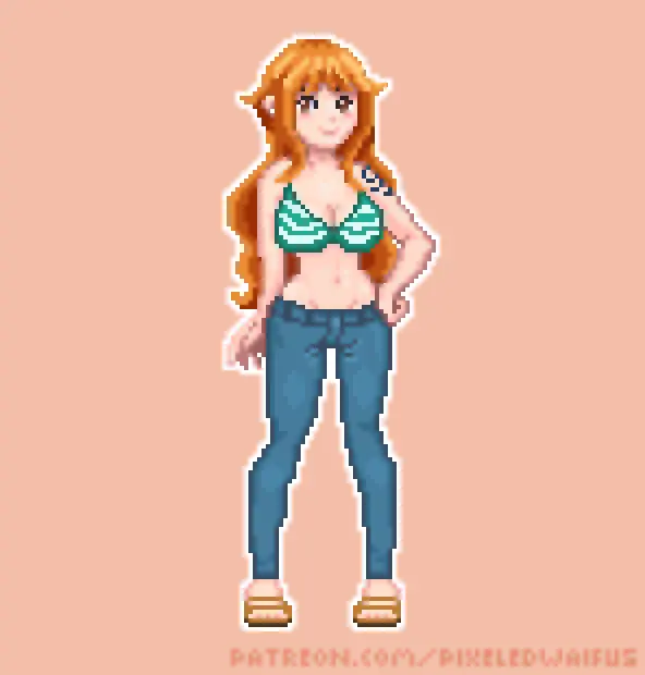 Image big_breasts,breasts,brown_eyes,female,female_only,bikini,one_piece,nami_(one_piece),orange_hair,post-timeskip,jeans,pixel_art,striped_bikini,pixeledwaifus