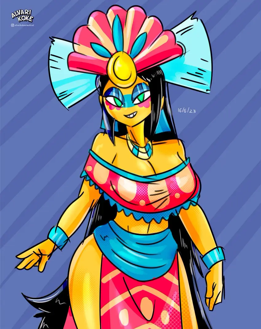 Image 1girls,big_breasts,breasts,female,long_hair,big_butt,earrings,seductive_eyes,seductive_smile,thighs,deity,goddess,mythology,public_domain,curvy_body,curvy_female,necklace,bracelet,seductive_pose,yellow_skin,headdress,american_mythology,alvarikokearte,aztec_clothing,aztec_goddess,aztec_mythology,green_pupils,pedrolarez.art,xochiquétzal_(pedrolarez.art),yellow_skinned_female