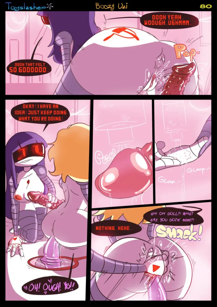 Image blush,breasts,female,female_only,2girls,multiple_girls,ass,cowgirl_position,2d,blonde_hair,completely_nude,riding,purple_hair,completely_nude_female,comic,comic_page,tentacle,dialogue,sex_toy,yuri,dildo,squatting,english_text,2024,dildo_in_pussy,english,robot,robot_girl,onomatopoeia,page_number,tentacle_dildo,lube,mob_face,dildo_insertion,dildo_sitting,murder_drones,riding_dildo,ass_slap,dragon_dildo,boozy_uzi,toyslasher,unseen_character,doll_(murder_drones),lizzy_(murder_drones),page_80,russian