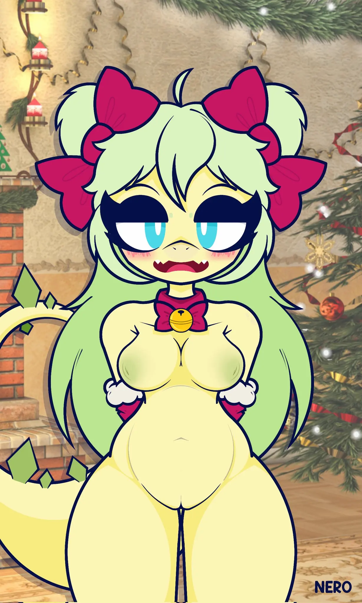 Image blush,breasts,clothing,female,hairbow,hi_res,long_hair,looking_at_viewer,nipples,open_mouth,solo,blue_eyes,nude,pussy,tail,underwear,thick_thighs,areola,watermark,accessory,artist_name,digital_drawing_(artwork),digital_media_(artwork),eyelashes,hair_accessory,hair,anthro,hair_ribbon,curvy_figure,green_hair,genitals,inside,yellow_body,christmas,2024,reptile,scales,scalie,tree,plant,holidays,detailed_background,spikes,yellow_scales,ribbons,bow_ribbon,spikes_(anatomy),dinosaur,long_tail,big_tail,ornithischian,spiked_tail,cavemanon_studios,snoot_game,christmas_tree,goodbye_volcano_high,neroart,stegosaurian,stegosaurus,stella_(gvh_beta),thyreophoran