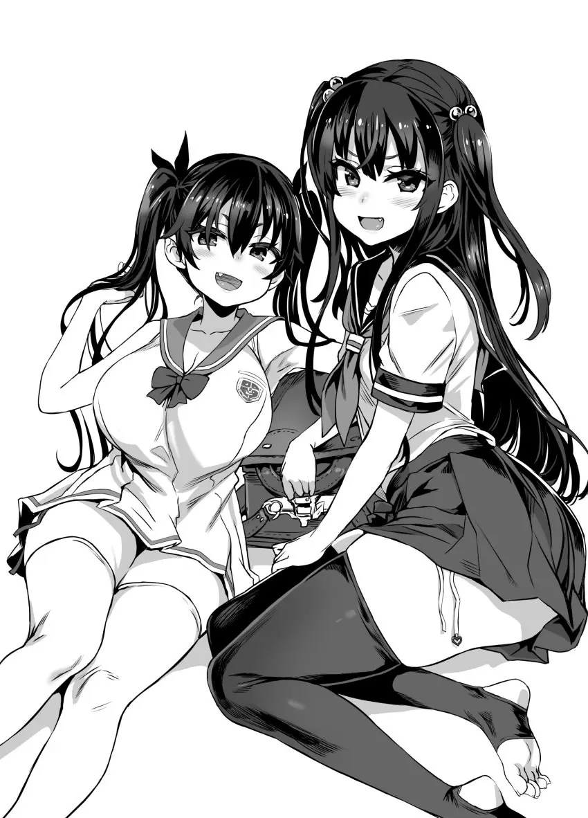 Image big_breasts,breasts,female,female_only,looking_at_viewer,2girls,multiple_girls,small_breasts,school_uniform,monochrome,legwear,smirk,asanagi