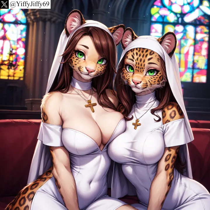 Image breasts,female,large_breasts,long_hair,looking_at_viewer,smile,2girls,animal_ears,multiple_girls,furry,watermark,ai_generated,artist_name,bare_shoulders,cleavage,jewelry,anthro,furry_female,twitter,green_eyes,stable_diffusion,sitting,dress,necklace,brown_hair,indoors,white_dress,covered_navel,feline,church,nun,leopard,twitter_username,cross,habit,yiffyjiffy69,stained_glass