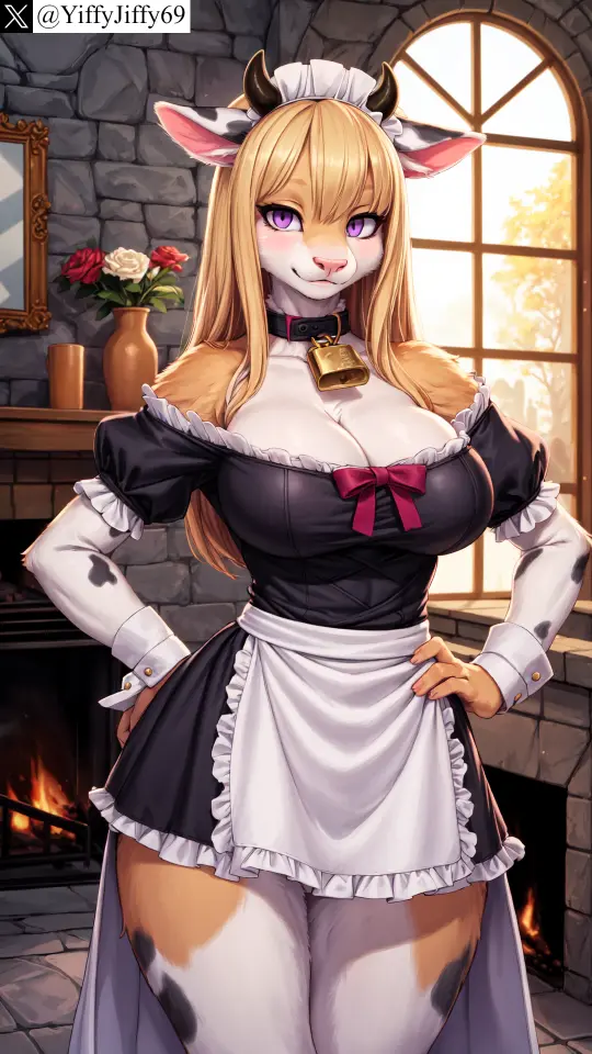 Image 1girls,breasts,cowboy_shot,female,large_breasts,long_hair,looking_at_viewer,smile,solo,animal_ears,furry,watermark,horns,ai_generated,artist_name,cleavage,collarbone,anthro,furry_female,twitter,blonde_hair,stable_diffusion,dress,purple_eyes,indoors,maid,collar,short_sleeves,flower,maid_headdress,apron,feline,window,cow_girl,fire,domestic_cat,cow_ears,cow_horns,bell,twitter_username,neck_bell,hands_on_hips,wrist_cuffs,cowbell,frills,fireplace,yiffyjiffy69