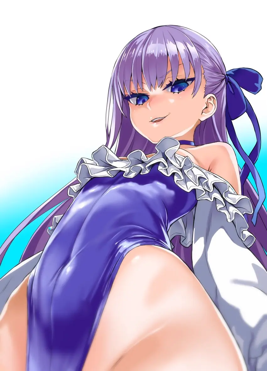 Image 1girls,breasts,female,female_only,light-skinned_female,light_skin,looking_at_viewer,simple_background,solo,small_breasts,gradient_background,looking_down,purple_hair,smirk,fate_(series),frills,meltryllis,blue_hairband,asanagi