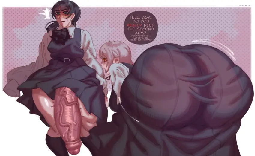 Image 1girls,blush,breasts,clothed,clothing,female,hi_res,human,light_skin,mostly_clothed,red_eyes,simple_background,standing,black_hair,penis,short_hair,ass,bottom_heavy,huge_ass,thick_thighs,voluptuous,1futa,duo,erection,futanari,humanoid_penis,intersex,light-skinned_futa,wide_hips,embarrassed,huge_cock,veiny_penis,school_uniform,twintails,dialogue,bottomless,surprised,english_text,large_ass,hyper,chainsaw_man,huge_hips,death_devil,mitaka_asa,mawiedz