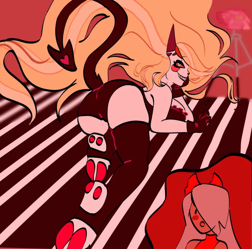 Image female,humanoid,embarrassed,lingerie,from_behind,angel,demon,looking_pleasured,cute,yuri,black_shorts,hazbin_hotel,hooves,goat_demon,charlie_morningstar_(hazbin_hotel),vaggie_(hazbin_hotel),photoshoot,semi_wholesome