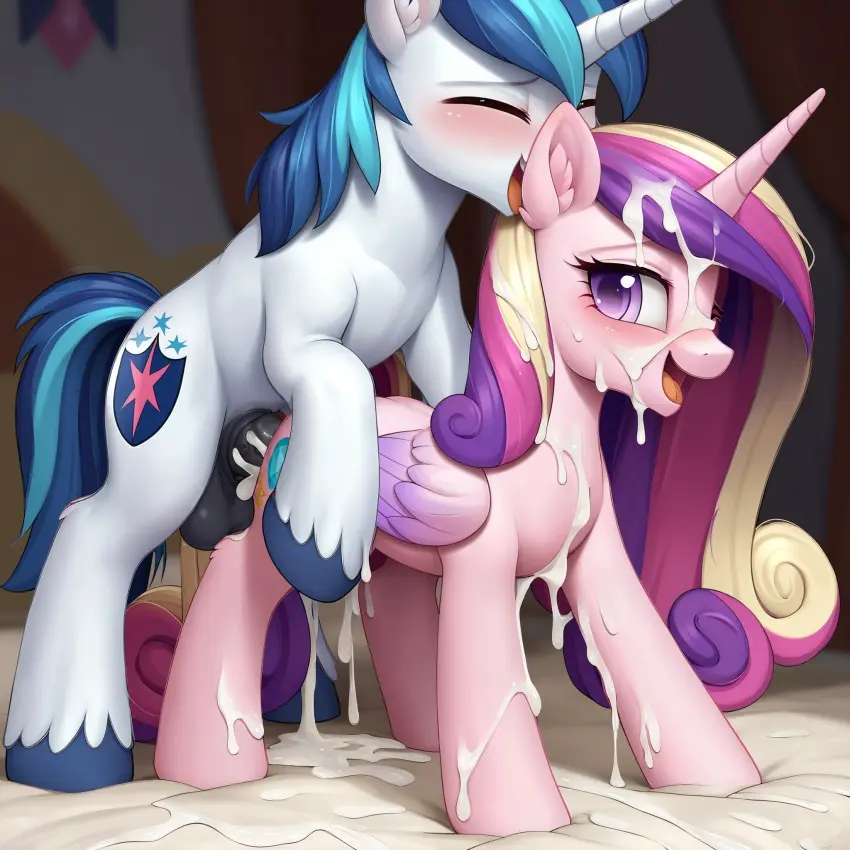 Image female,cum,male,tongue_out,tongue,ai_generated,male/female,mammal,horn,friendship_is_magic,hasbro,my_little_pony,hooves,feral,equid,equine,feral_only,horse,pony,feral_on_feral,princess_cadance_(mlp),shining_armor_(mlp),unicorn,alicorn