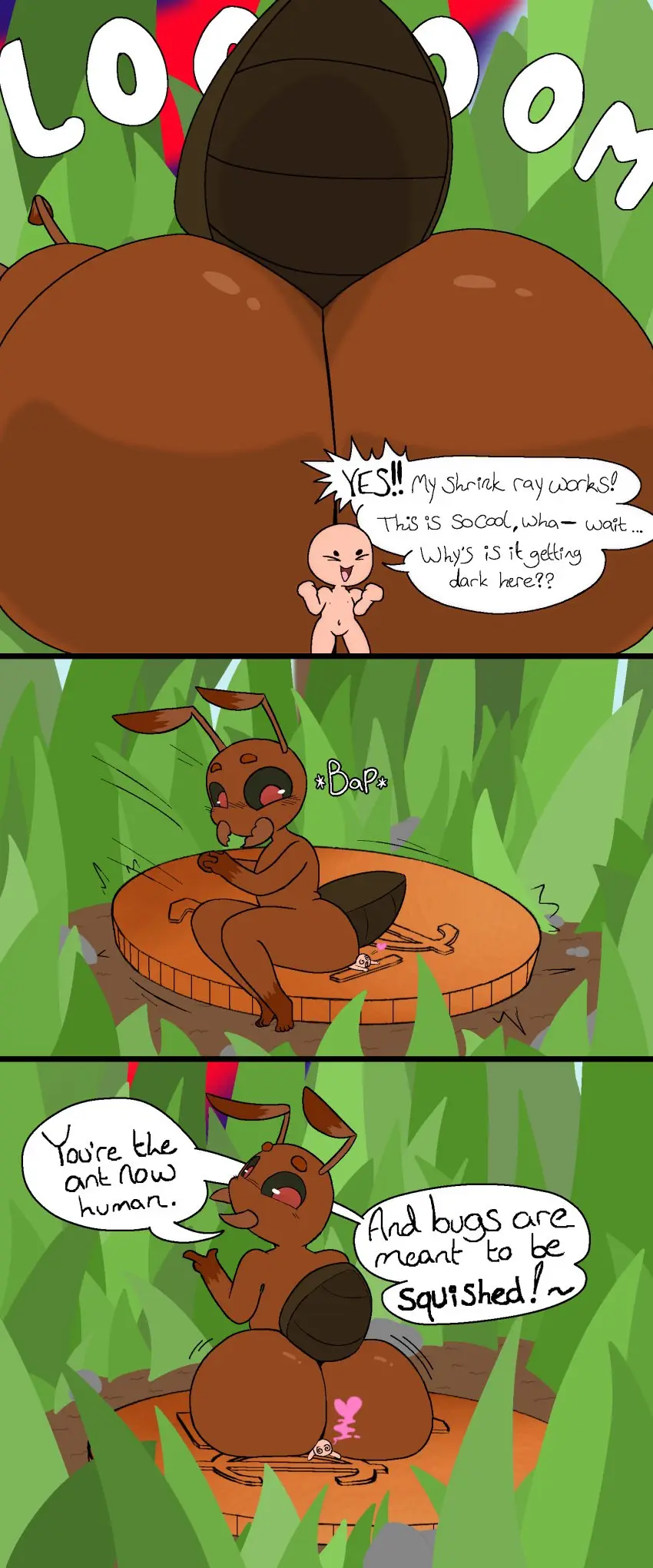 Image hi_res,male,ass,big_butt,thick_thighs,happy,anthro,text,sitting,absurd_res,aroused,comic,dialogue,arthropod,insects,sound_effects,english_text,sitting_on_another,squish,plant,brown_body,heart_symbol,macro,onomatopoeia,grass,looming,looming_over,micro,smothering,hymenopteran,coin,ant,irony,kralex_(artist),undnift,zeqe