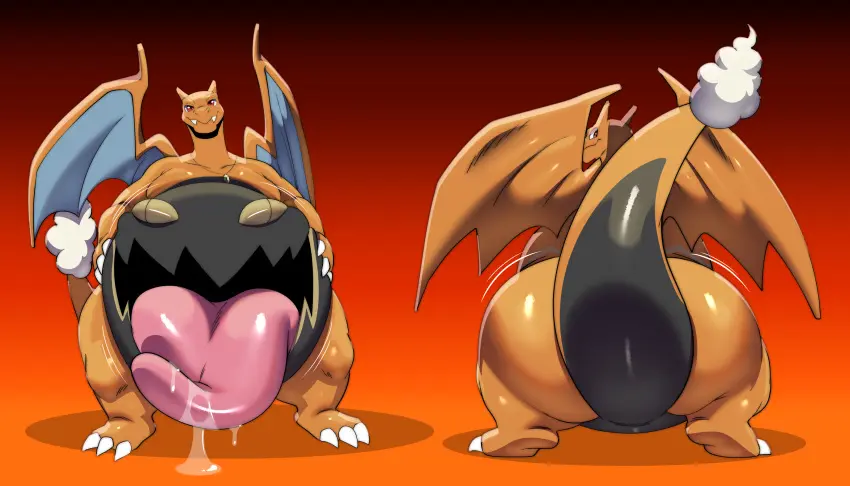 Image hi_res,smile,solo,male,pokemon,pokemon_(species),ass,big_butt,smiling_at_viewer,belly,big_belly,huge_belly,wings,anthro,mythology,absurd_res,saliva,nintendo,bodily_fluids,multicolored_body,two_tone_body,rear_view,black_body,orange_body,scalie,front_view,smirk,smirking_at_viewer,hybrid,mythological_creature,dragon,mythological_scalie,generation_4_pokemon,generation_1_pokemon,saliva_on_tongue,jiggling_butt,huge_tongue,charizard,belly_mouth,brady(sleepy_brady),dusknoir,orange_wings,satsui,satsui-n0-had0u