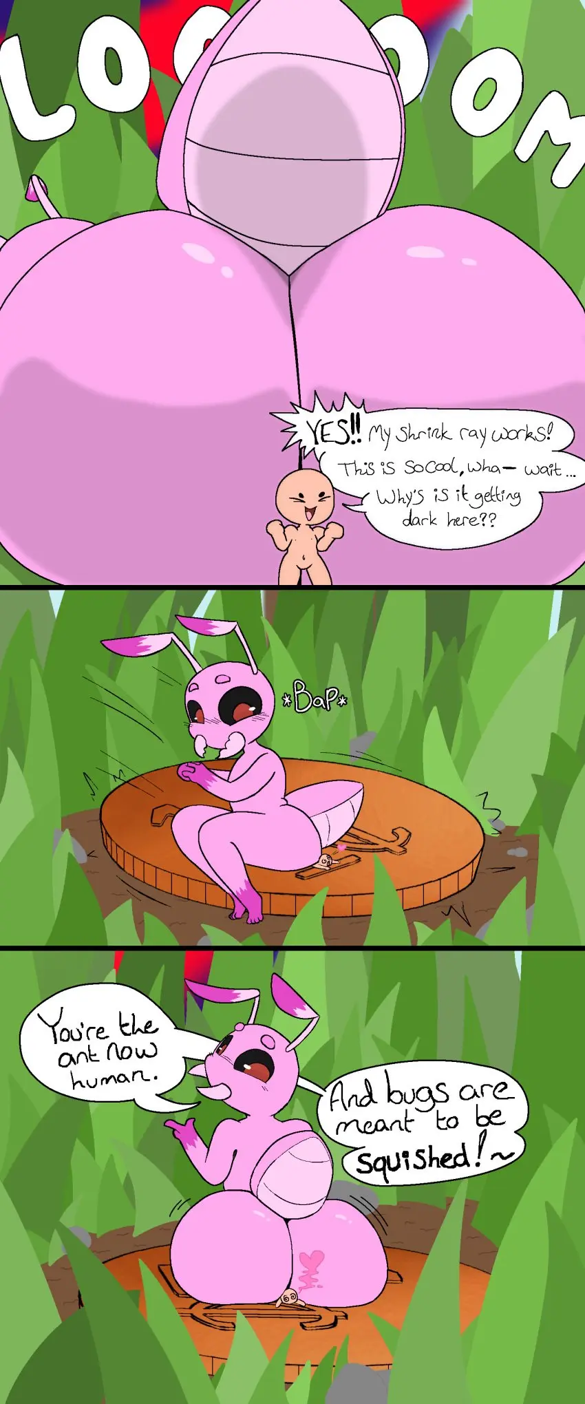 Image hi_res,male,ass,big_butt,thick_thighs,happy,anthro,text,sitting,absurd_res,aroused,comic,dialogue,arthropod,insects,english_text,sitting_on_another,squish,plant,macro,grass,looming,looming_over,micro,smothering,hymenopteran,coin,ant,irony,kralex_(artist),undnift,zeqe