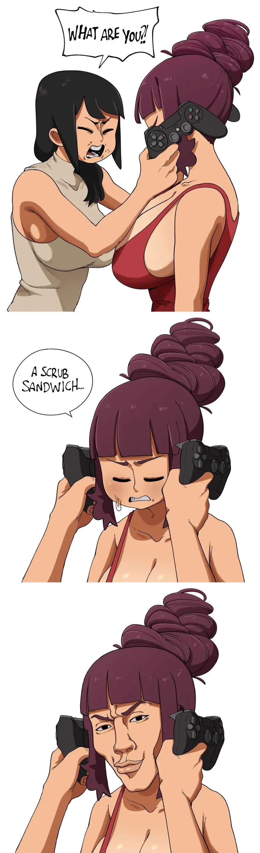 Image breasts,clothing,female,large_breasts,open_mouth,simple_background,white_background,2girls,bangs,black_hair,blunt_bangs,male,multiple_girls,cleavage,sideboob,text,crying,tied_hair,purple_hair,comic,english_text,high_resolution,speech_bubble,asian_female,tank_top,meme,phone,very_high_resolution,long_image,humor,english_language,tall_image,large_filesize,beehive_hairdo,command_grab,command_grab's_mom,extremely_high_resolution,idiot_sandwich,meme_face,nuclearwasabi,playstation_controller