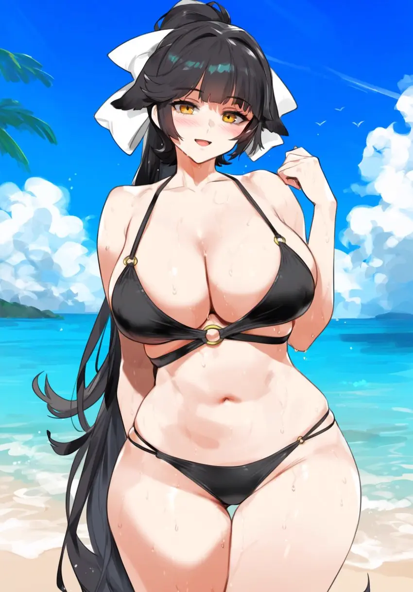 Image 1girls,big_breasts,blush,breasts,female,female_only,large_breasts,long_hair,looking_at_viewer,black_hair,navel,yellow_eyes,bikini,female_focus,ponytail,beach,smiling_at_viewer,ocean,ai_generated,huge_breasts,black_bikini,azur_lane,takao_(azur_lane)