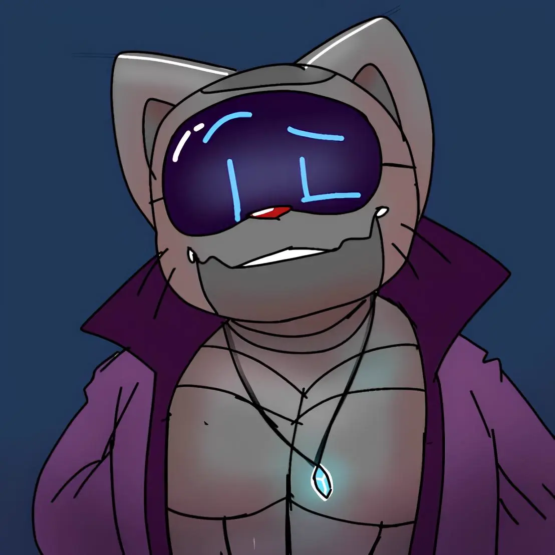 Image blue_eyes,smiling,anthro,grey_body,gl1tch,gl1tchcat,robot_cat,pendant,purple_clothes