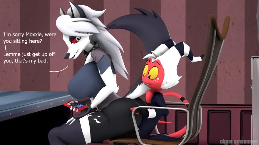 Image big_breasts,breasts,clothed,clothing,female,hi_res,male,tail,ass,big_butt,thick_thighs,duo,humanoid,wide_hips,digital_media_(artwork),hair,male/female,anthro,text,mythology,sitting,demon,3d,canid,canine,fur,mammal,horn,3d_(artwork),sitting_on_another,furniture,mythological_canine,mythological_creature,canid_demon,hellhound,helluva_boss,loona_(helluva_boss),sitting_on_lap,sitting_on_chair,chair,16:9,source_filmmaker,imp,on_lap,widescreen,on_chair,moxxie_(helluva_boss),chair_activities,imminent_facesitting,loona_(aeridiccore)