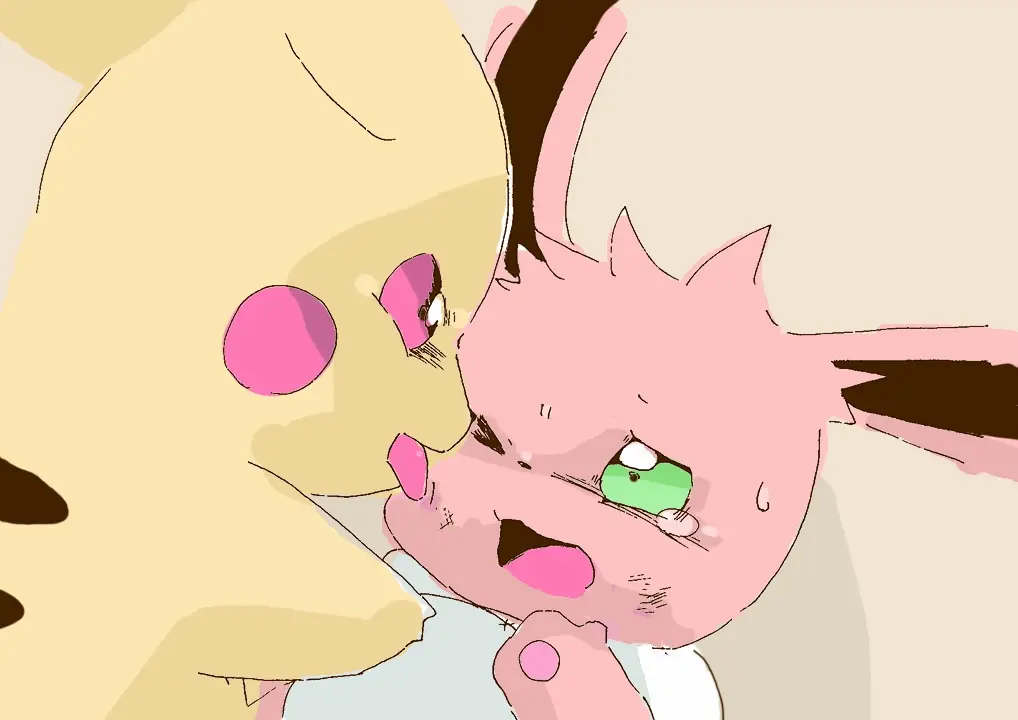 Image open_mouth,licking,pokemon,pokemon_(species),sweat,tongue_out,tongue,green_eyes,one_eye_closed,sweatdrop,nintendo,bodily_fluids,yellow_body,tears,tuft,brown_body,pawpads,eevee,generation_1_pokemon,red_sclera,pikachu,neck_tuft,2018,red_cheeks,face_lick,get_it_go