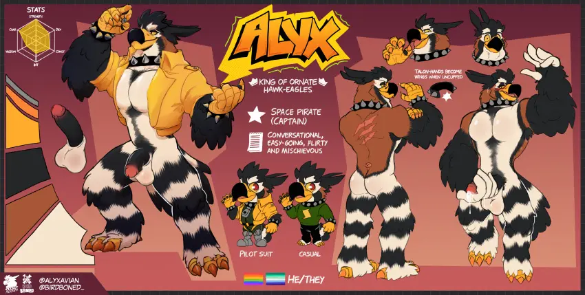 Image blush,hi_res,solo,male,nude,muscular,muscular_male,anthro,eagle,absurd_res,masturbation,collar,muscular_anthro,avian,bird,collar_only,model_sheet,accipitrid,accipitriform,birdboned,alyx_(birdboned),aquilinae,ornate_hawk-eagle,vincian_pride_colors