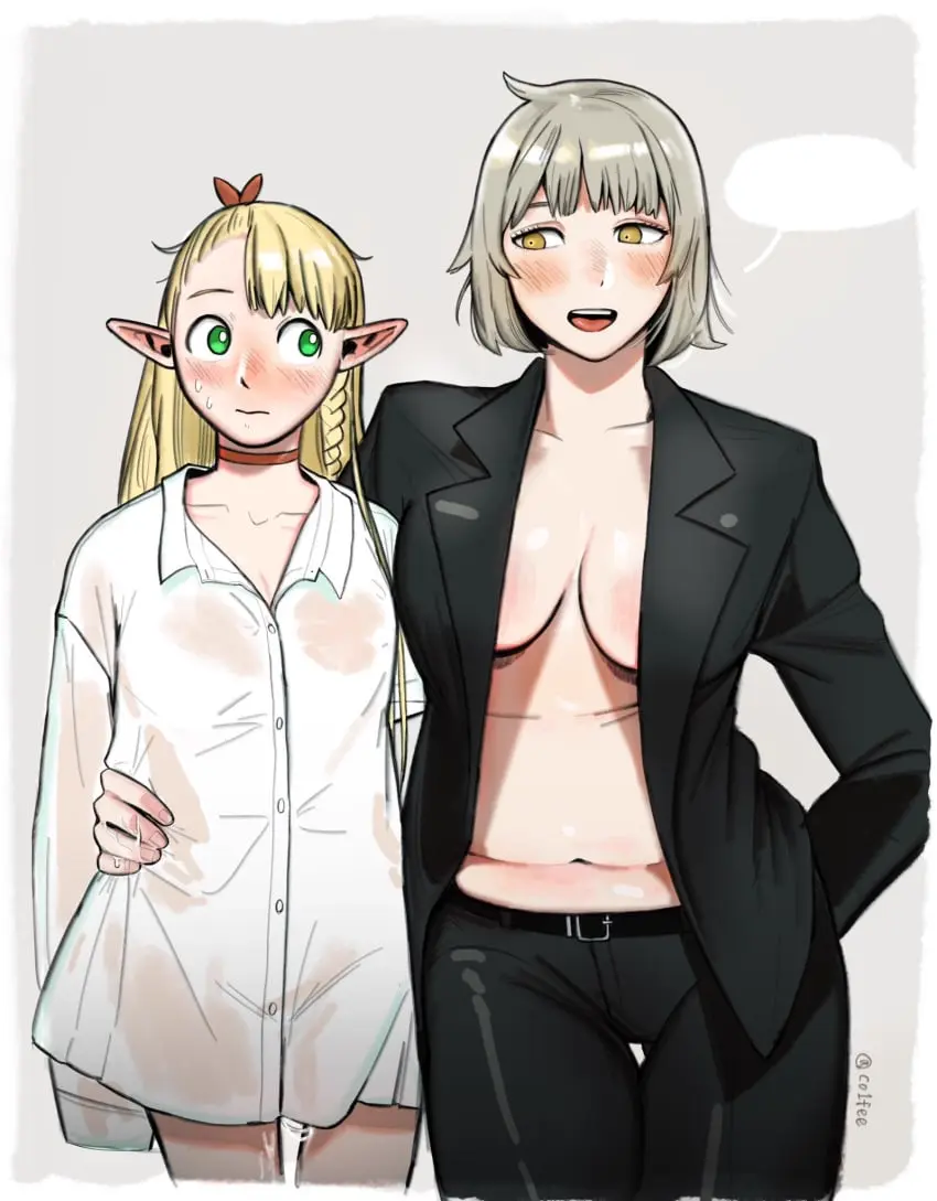 Image blush,breasts,brown_eyes,collared_shirt,female,female_only,grey_hair,highres,large_breasts,no_bra,open_clothes,open_mouth,pants,shirt,simple_background,standing,2girls,multiple_girls,navel,short_hair,belly,belly_button,thigh_gap,blonde_hair,green_eyes,elf,pointy_ears,pussy_juice,after_sex,collar,yuri,white_shirt,bottomless,stomach,interspecies,chubby,chubby_female,grey_background,blonde_female,speech_bubble,sensual,fanon_couple,dungeon_meshi,marcille_donato,confident,black_jacket,suit,half_elf,tall_female,hand_on_partner,blonde,tall,shirt_only,flushed_face,falin_touden,arm_around_waist,interspecies_yuri,black_suit,lovers,muffin_top,buttons,no_shirt,hand_in_pocket,sweaty_clothes,arm_around_shoulder,hand_on_waist,belly_rolls,blank_speech_bubble,borrowed_clothes,co1fee,cute_couple,empty_speech_bubble,open_collar,open_top,oversized_clothes,sandy_blonde_hair,tallman