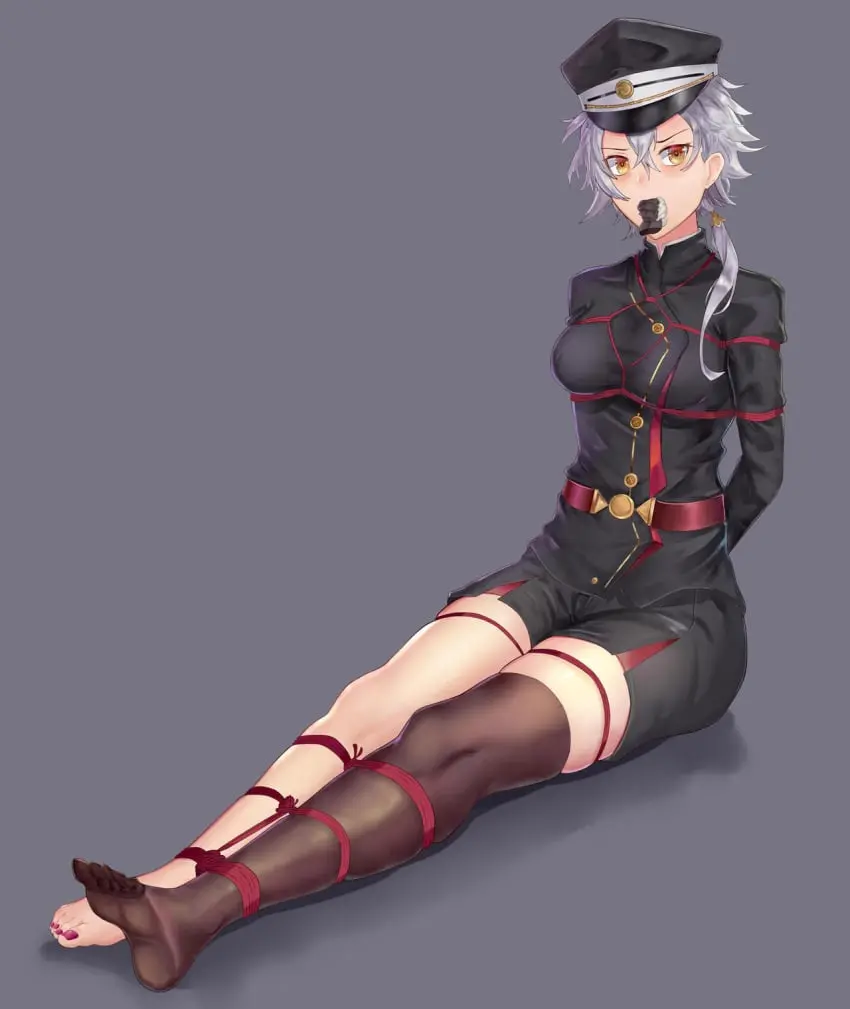 Image female,female_only,grey_hair,looking_at_viewer,yellow_eyes,hat,bondage,military_uniform,femsub,fully_clothed,azur_lane,gag,gagged,bound_ankles,rope,arms_tied_behind_back,bound_legs,stuffed_mouth_gag,kinu_(azur_lane),sock_in_mouth