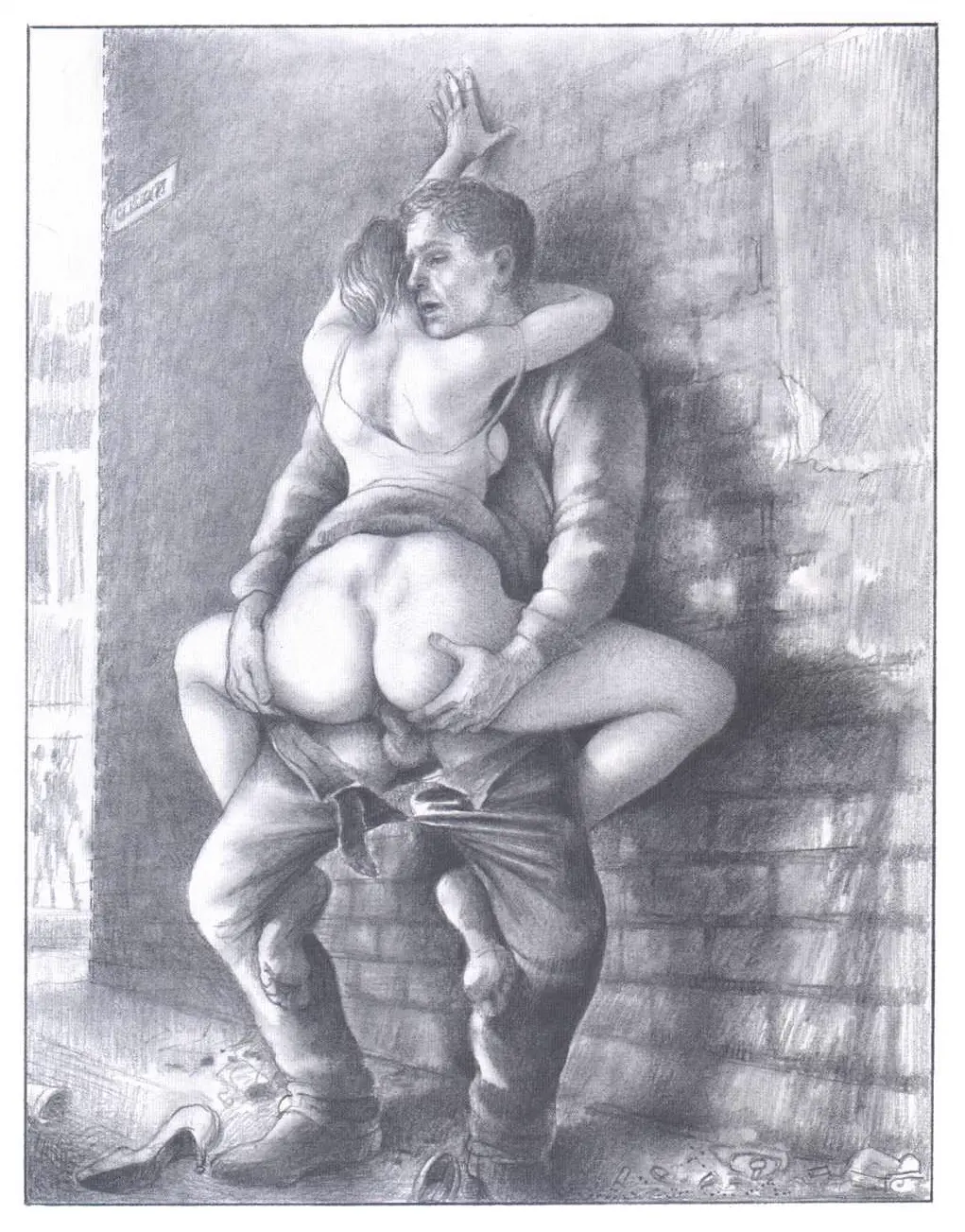 Image clothed,female,penis,sex,2d,tagme,penis_in_pussy,penetration,outdoors,black_and_white,public,2d_(artwork),2d_artwork,bottomless_female,clothed_sex,female/male,traditional_art,public_sex,traditional_drawing_(artwork),wall,lynn_paula_russell_(artist)